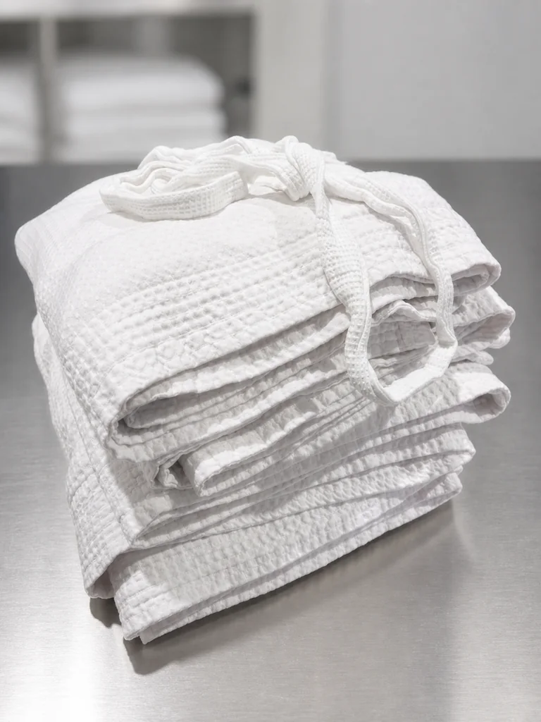 Folded white waffle bathrobes with belts
