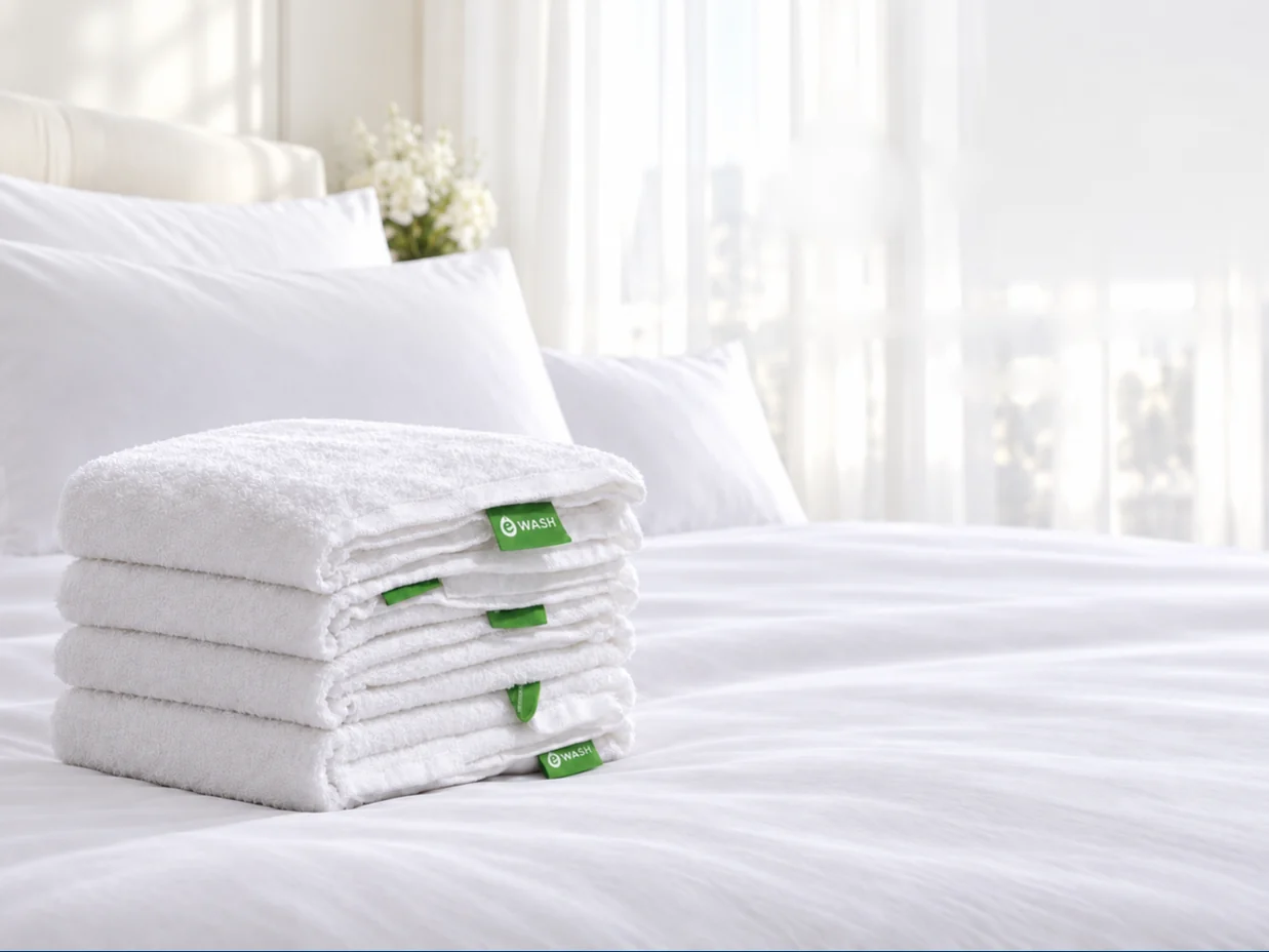 Four white bath towels with green eWASH labels, stacked on a hotel bed made up with white linen, with pillows and a bright window behind