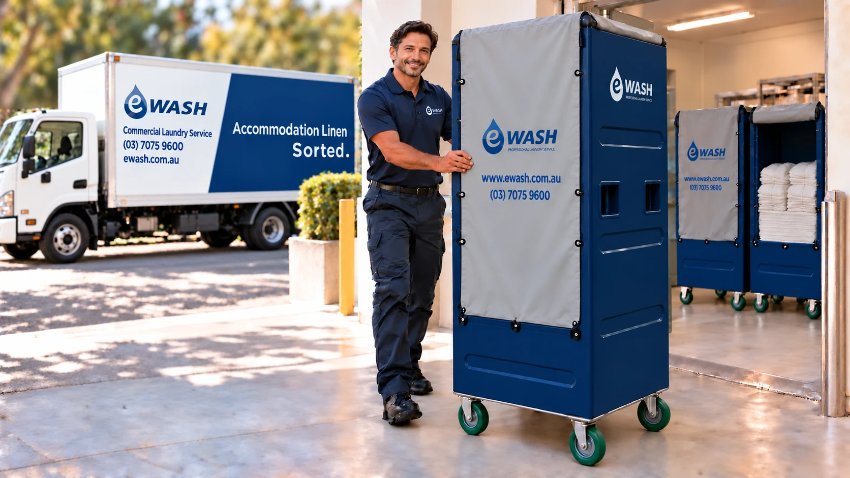 Illustration of a smiling eWASH driver delivering a covered linen cart, with the eWASH truck behind