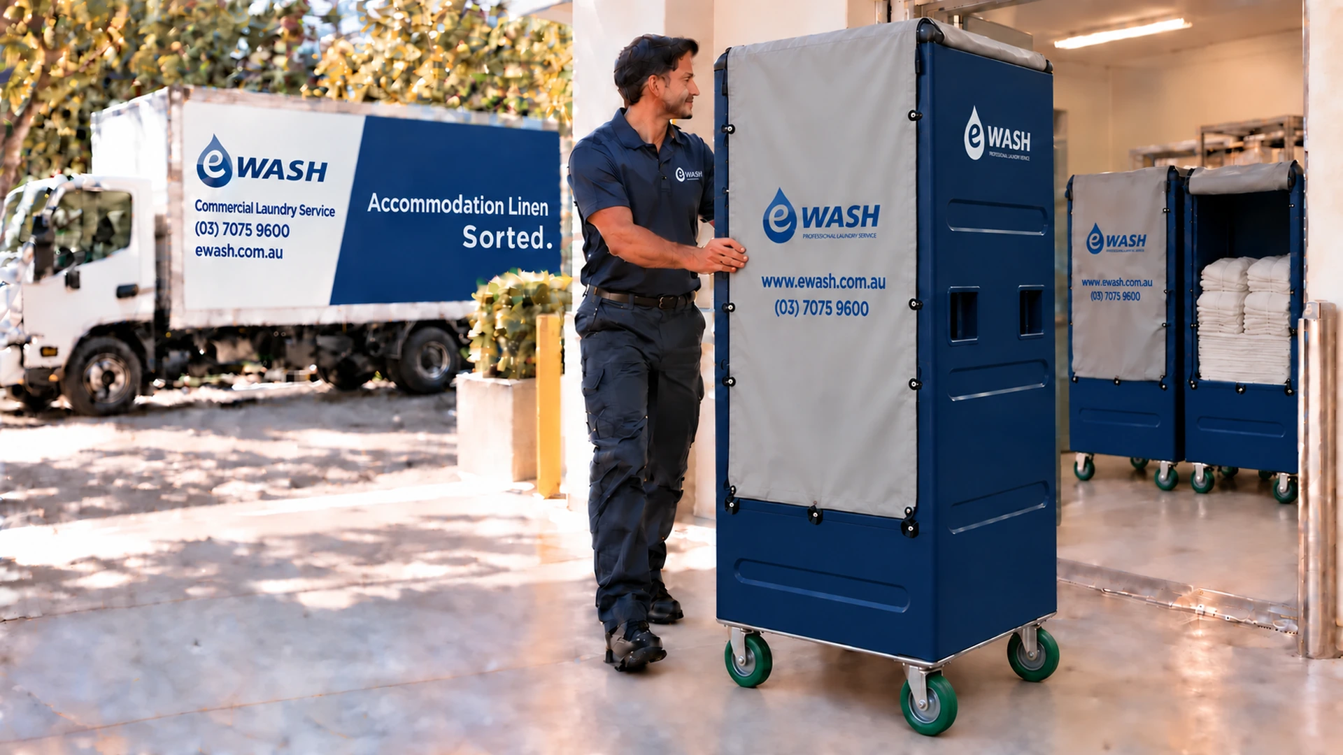Illustration of an eWASH linen delivery with a driver, truck and covered linen cart